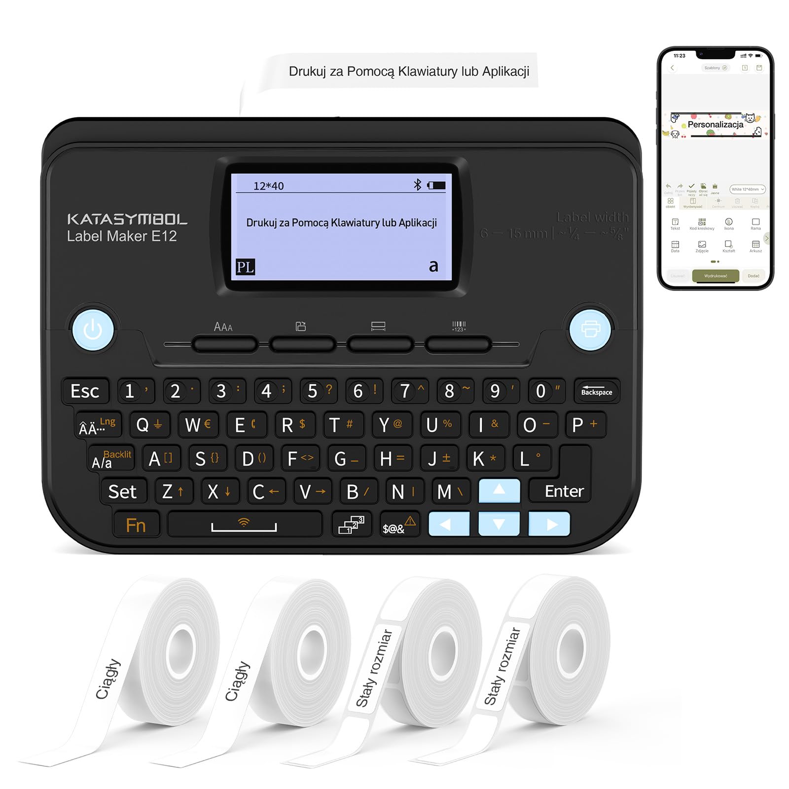 SUPVAN E12 Drukarka Etykiet Z Klawiaturą QWERTY & 4 Rolki Etykiet, Czarna | Aplikacja z 660+ Ikonami, 50+ Ramkami & 30+ Czcionkami, Akumulator 1200mAh, Podświetlany Wyświetlacz, do Szkoły, Biura & Domu