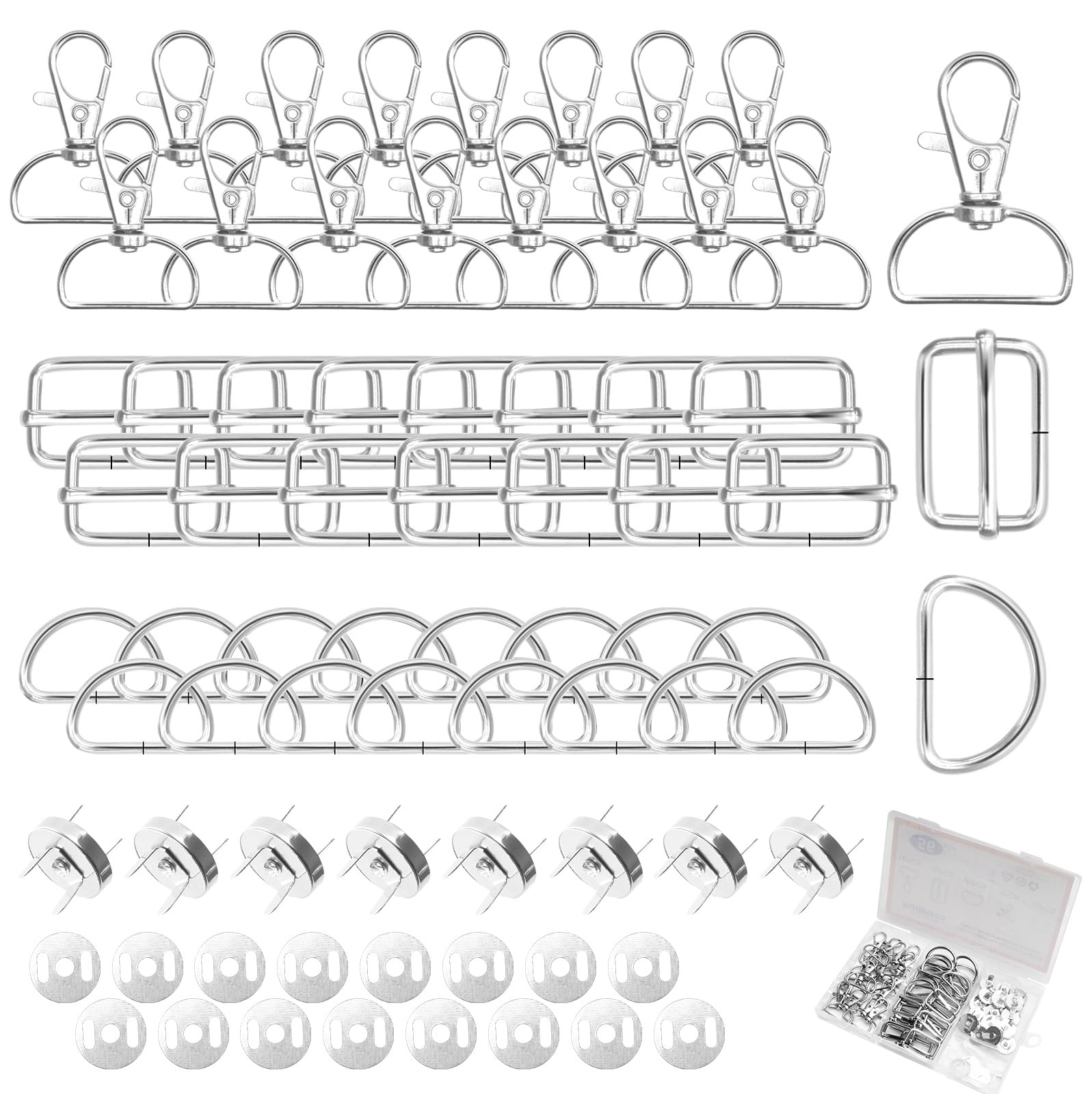 Nadinsta 72pcs Heavy Duty Bag Making Hardware, Bag Making Supplies, Metal D Rings for Bags, Triglide Sliding Buckle, Swivel Keychain Hook, Magnetic Buttons for Pet Collar Bag Buckle Strap DIY Sewing