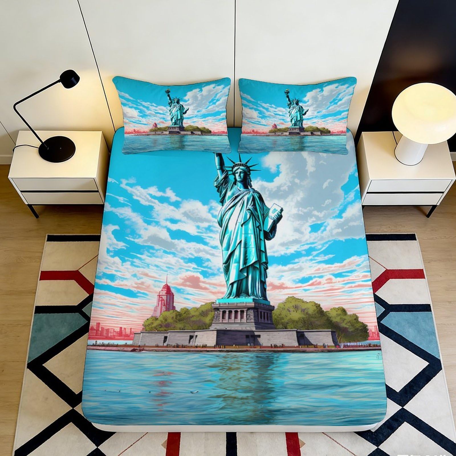 Jqzkxnhpbr Style-5 3D Printed Statue Of Liberty Fitted Sheet Microfiber Blue Skyline Mattress Cover For Bedroom Guest Room Dorm Decor 90X200x25cm