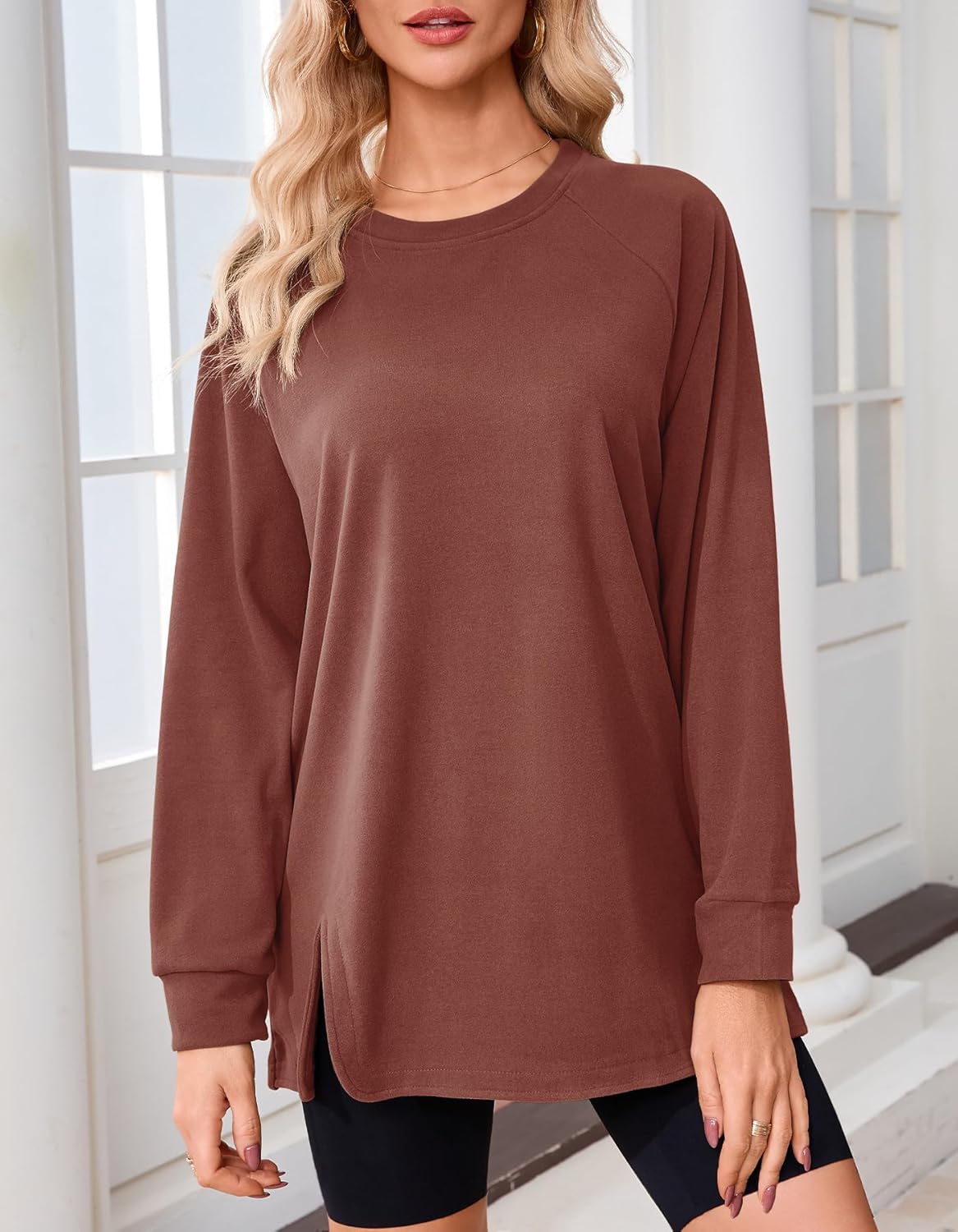 Odosalii Womens Crewneck Sweatshirt Loose Fit Long Sleeve Shirts Trendy Oversized Sweater Fashion Side Slit Pullover Tops - Image 3