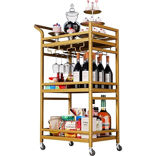 Bar Cart,Gold Bar Cart,Home Bar Serving Carts,3-Tier Alcohol cart,Cart with Wheels,Suitable for Restaurants, Bars, Kitchens,Gold Colours