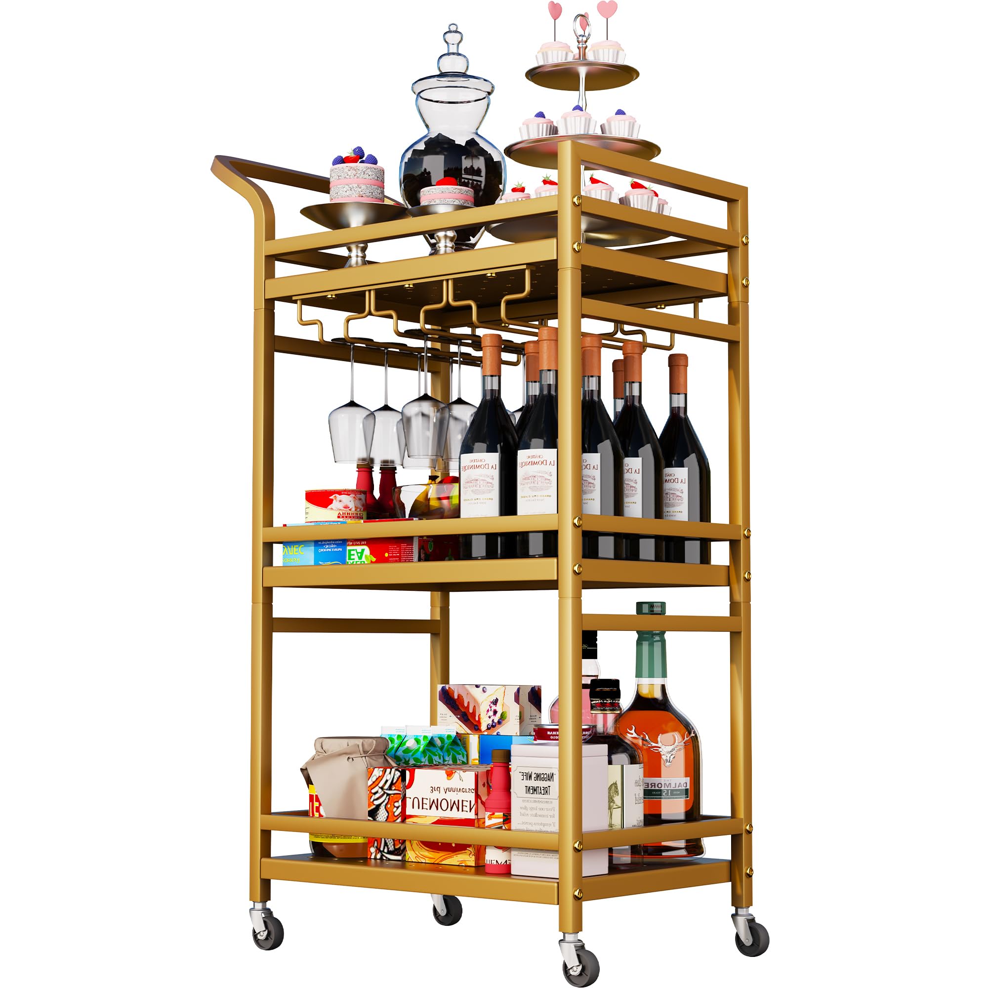 Soywey Bar Cart,Gold Bar Cart,Home Bar Serving Carts,3-Tier Alcohol cart,Cart with Wheels,Suitable for Restaurants, Bars, Kitchens,Gold Colours