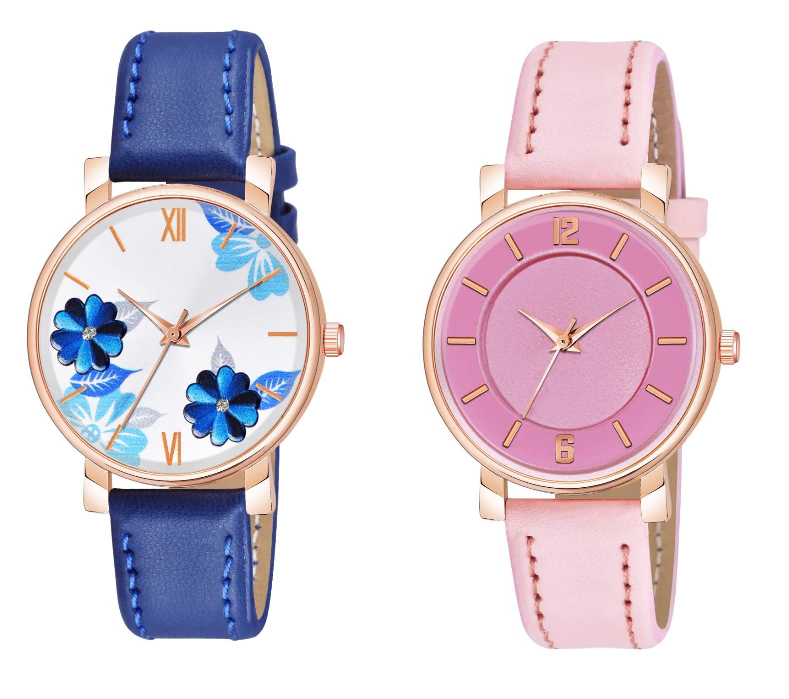 KIARVI GALLERY Analogue Pack of 2 Flowered and 6 to 12 Antique Dial Unique Designer Leather Strap Womens and Girls Watch (Blue-Pink) (B0BNDYTM6H) Amazon Price History, Amazon Price Tracker