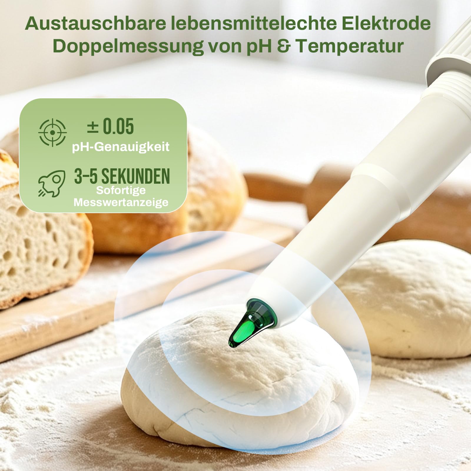 Intelligentes pH Messgerät mit App, Digitales pH Tester für Lebensmittel und Wasser mit Kalibrierpulver, pH Meter mit ATC für Sauerteig, Käse, Brot, Fleisch und fermentierte Getränke & Lebensmittel