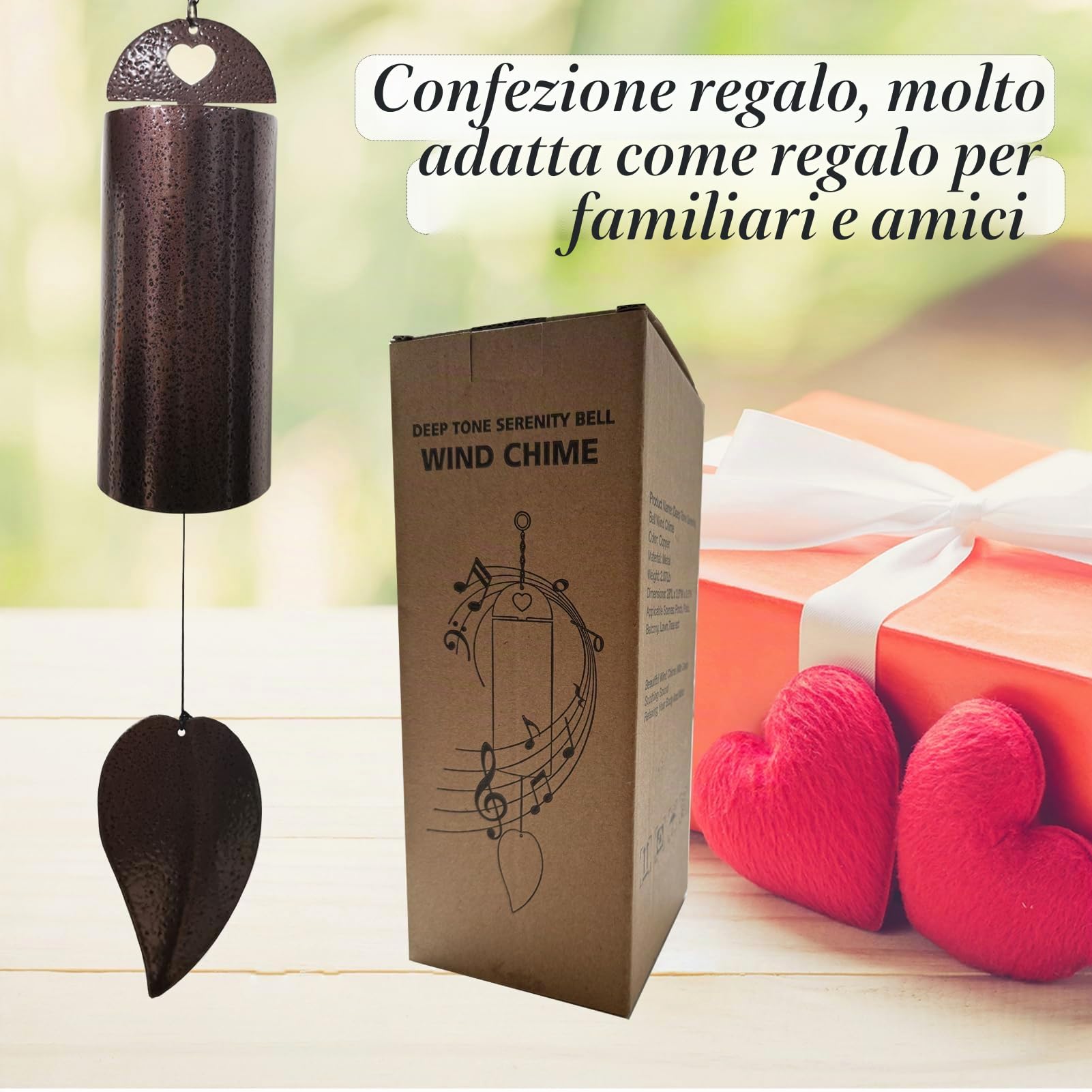 Campana a vento per esterni con suono profondo commemorativo a risonanza profonda, cilindrica, in rame anticato, regalo, decorazione giardino, decorazione casa, 71,1 cm, misura grande