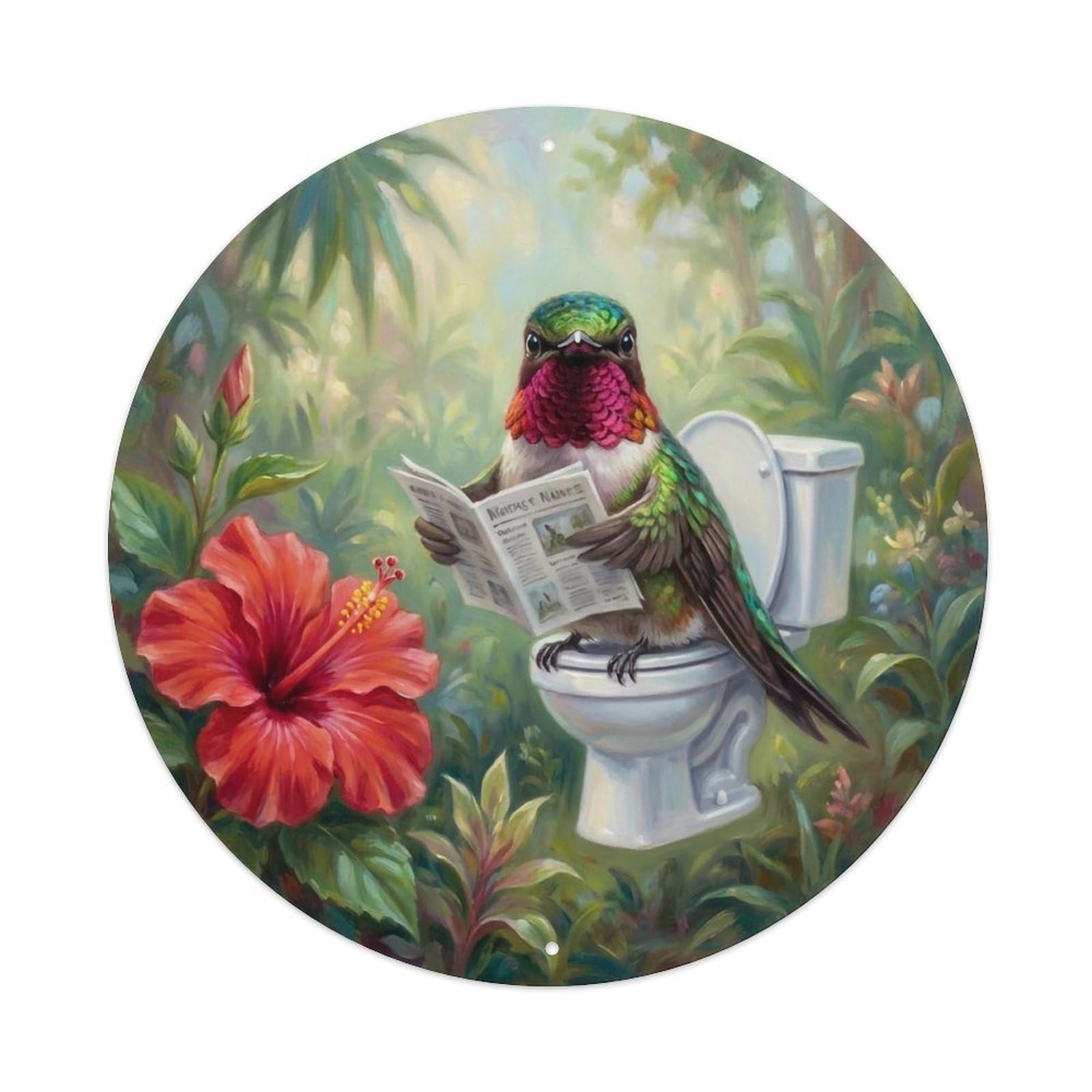 Hummingbird On Toilet Humorous Bathroom Hibiscus Reads Metal Tin Sign