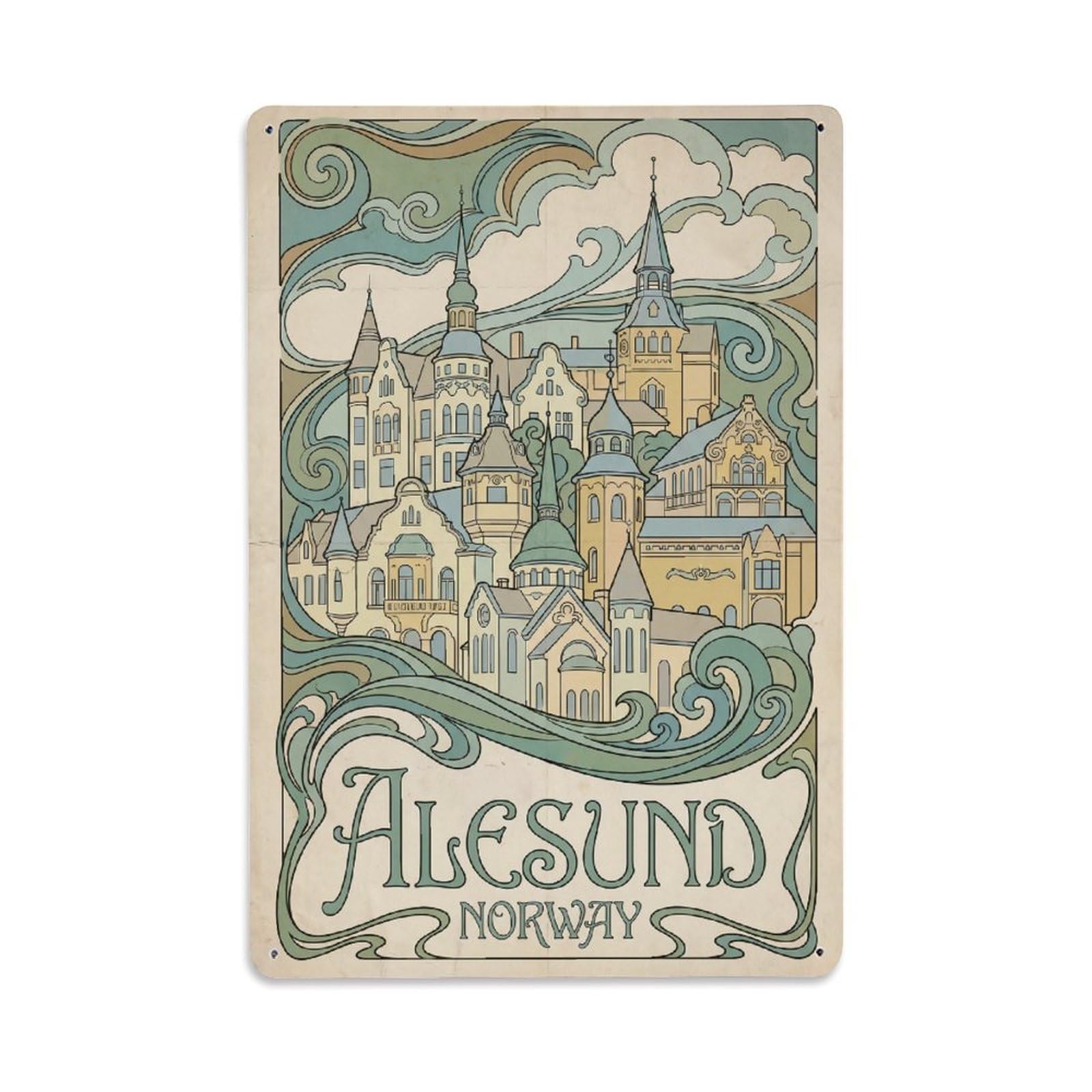 Norway Alesund Travel Retro Metal Tin Sign Plaque Wall Decor for Cafe, Club Bar, Office, Garden Metal Poster 8x12Inch