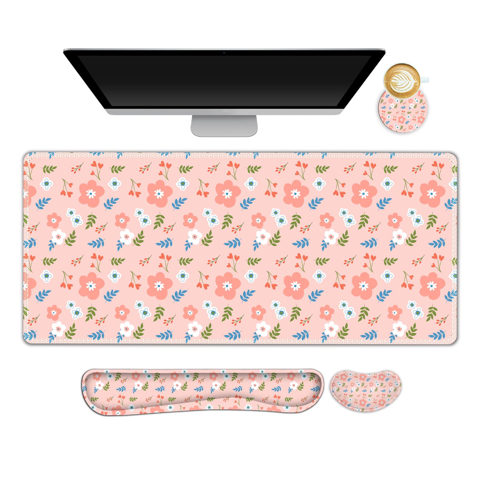 NXZGO Large Gaming Mouse Pad Set, 4 in1 Ergonomics Keyboard Desk Mat with Memory Foam Wrist Rest, Computer Extended Game Mousepad, Non-Slip Desk Pad Matt Easy Typing Pain Relief I Retro Pastel Style