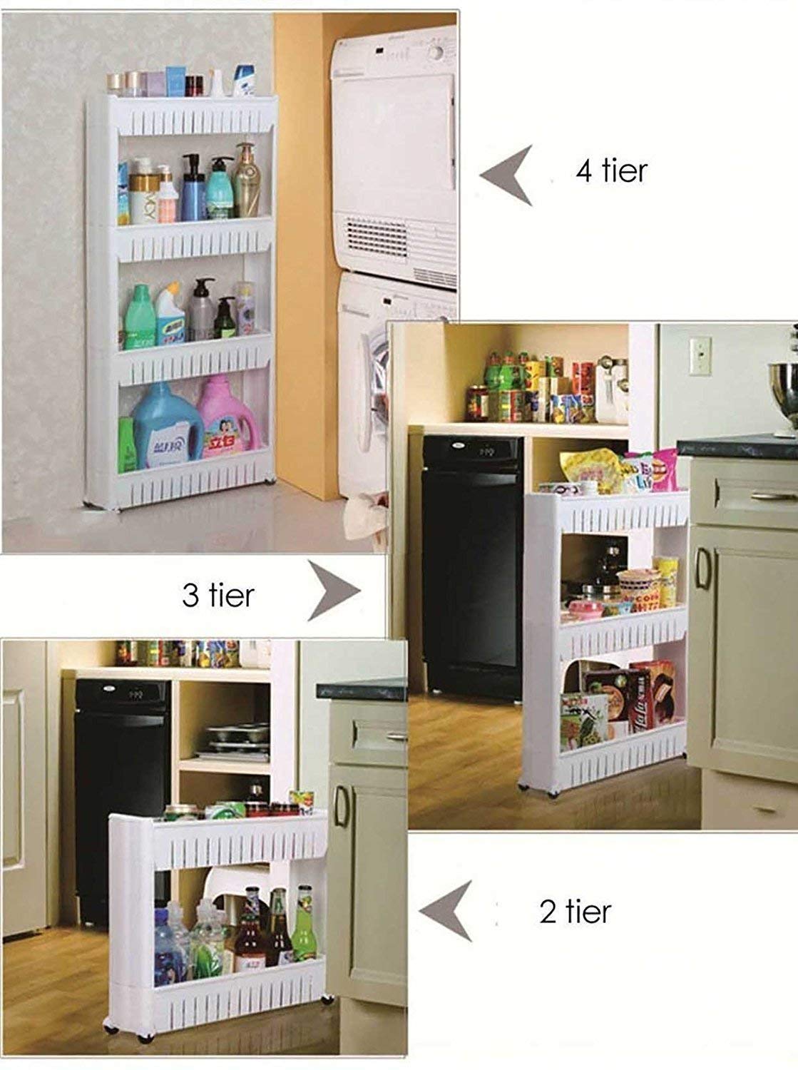 4 Tier Adjustable Plastic Storage Rack Shelf with Wheels, White