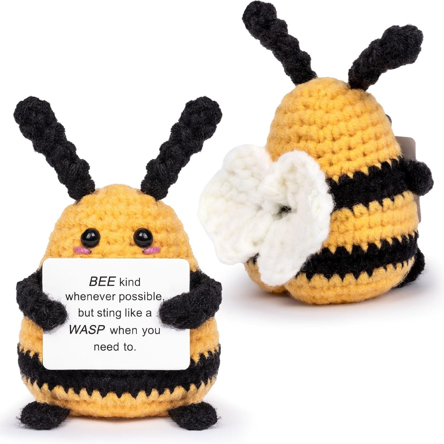 TERRIFI Mini Crochet Bee Doll, Funny Positive Bee, 2.76 Inch Wool Knitted Pocket Hug Potato with Inspirational Affirmation Support Card, Emotional Novelty Gift for Kids Birthday Party Decoration