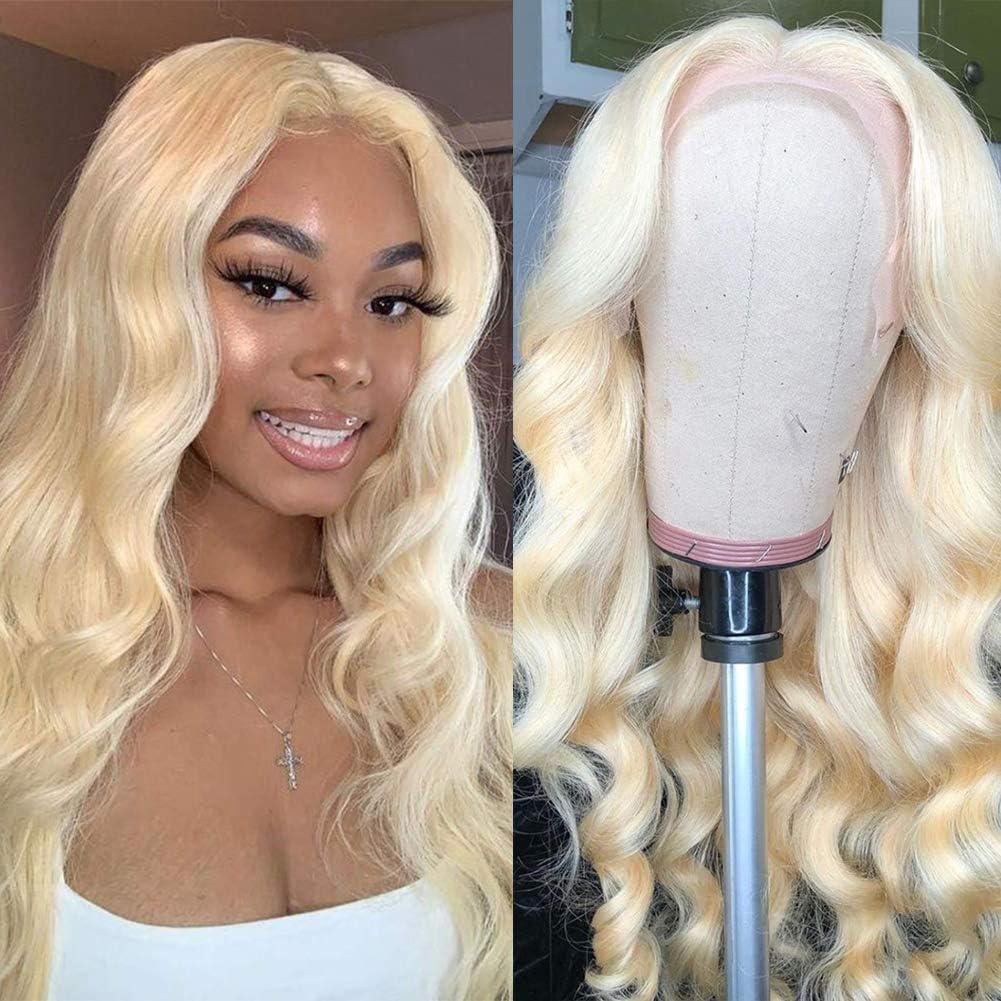 #613 Blonde Color Brazilian Human Hair 150 Density Blonde Wig Natural Loose Wave Bleached Knots Glueless Lace Front Wigs For Black Women (20inch, lace front wig)