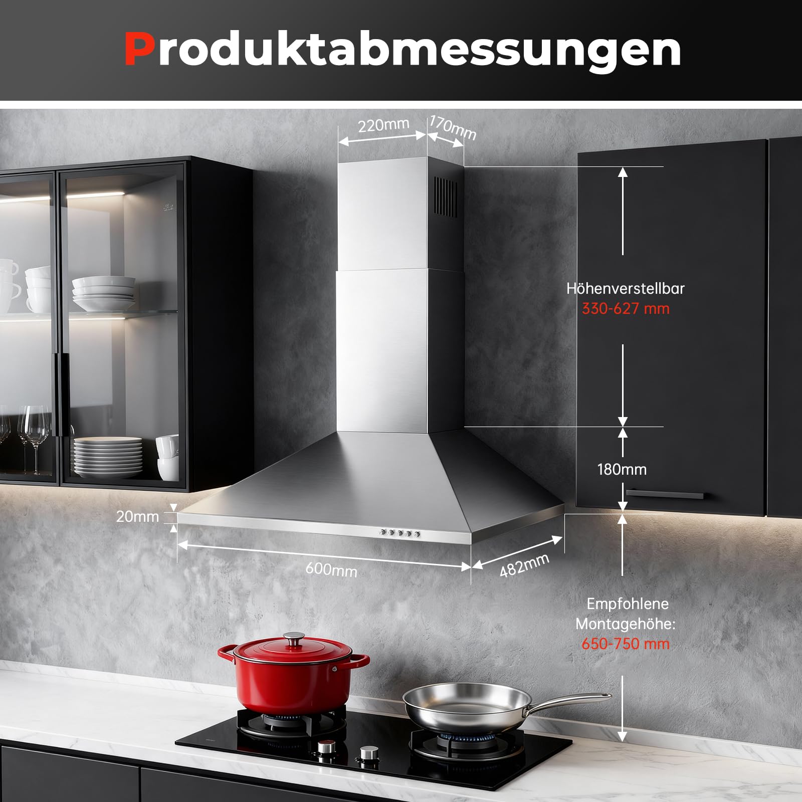 SNDOAS Dunstabzugshaube 60cm Umluft & Abluft, 450m³/h, A+++, 3 Leistungsstufen Edelstahl, LED-Licht