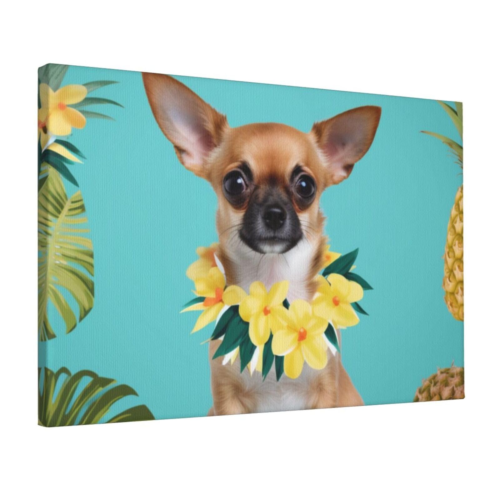 YKLJG Chihuahua Dog Pineapple Printed Wall Art Canvas Prints 45x30 CM Wooden Framed Picture Painting Artwork for Bedroom Kitchen Home Office Decor