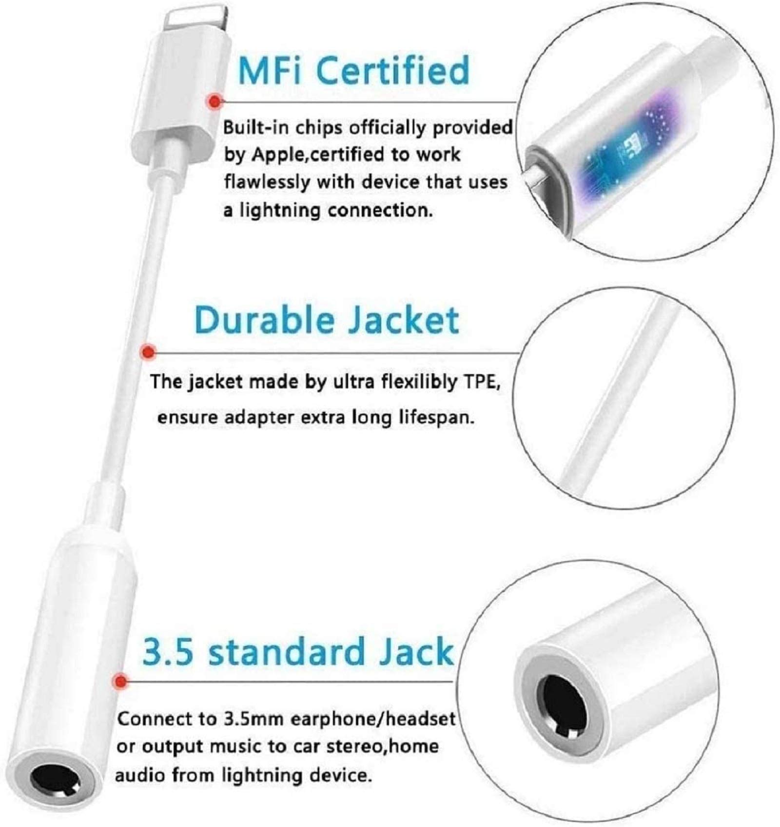 [Apple MFi Certified] for Lightning to 3.5mm AUX Headphone Jack Adapter, 2 Pack 3.5 mm Headphone Audio Stereo Connector Compatible with iPhone 11/XS/XR/X 8 7/iPad/iPod, Support Calling & Music Control