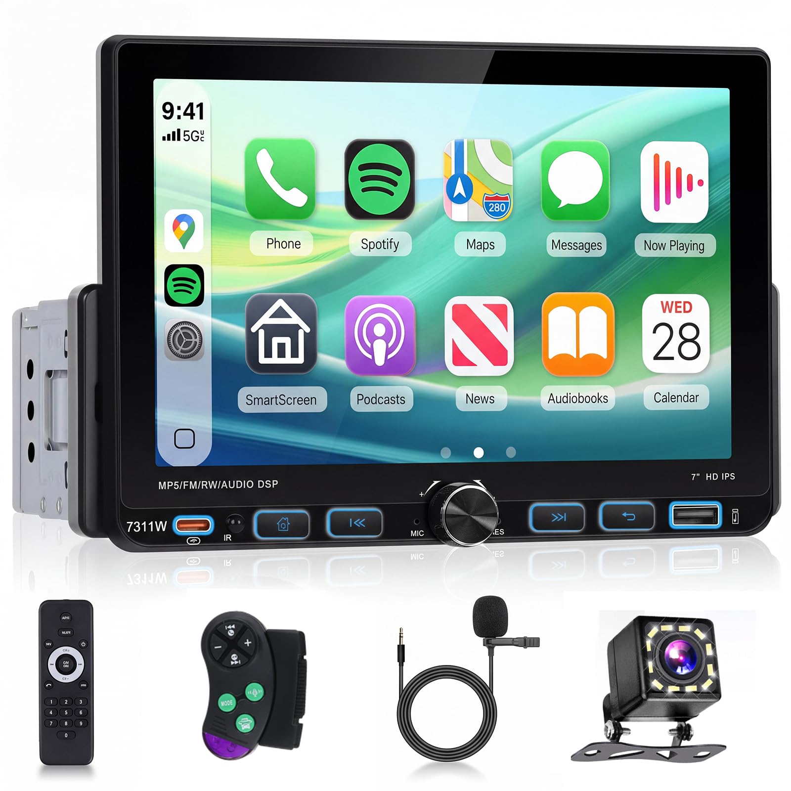 Hodozzy RDS Radio Coche 1 DIN con CarPlay inalámbrico Android Auto, IPS Pantalla de 7 Pulgadas con USB Type-C, Compatible con Bluetooth 5.2, EQ, Controles del Volante, Cámara de Visión Trasera