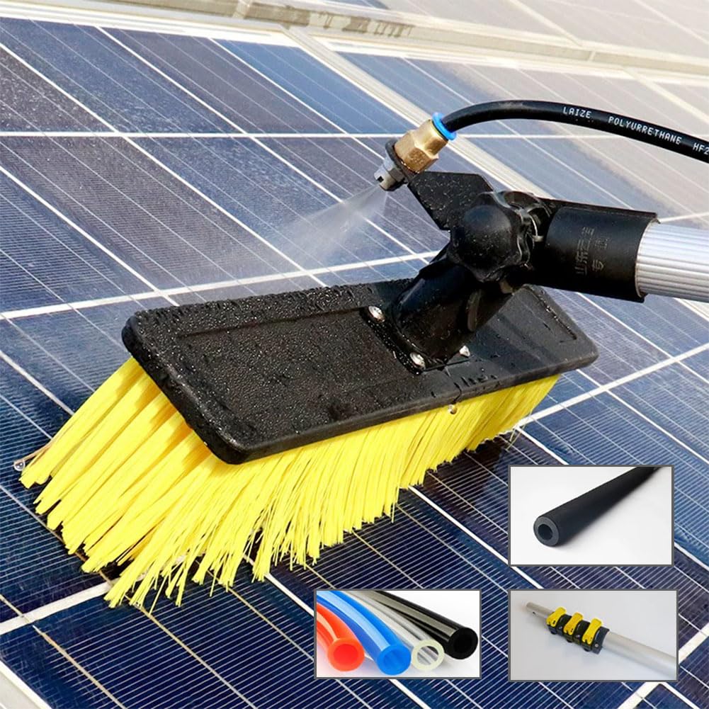 Perche Télescopique Nettoyage Toiture & Panneaux Solaires – Brosse Rotative 360° Avec Raccord Tuyau, Idéale Camping-Car & Voiture
