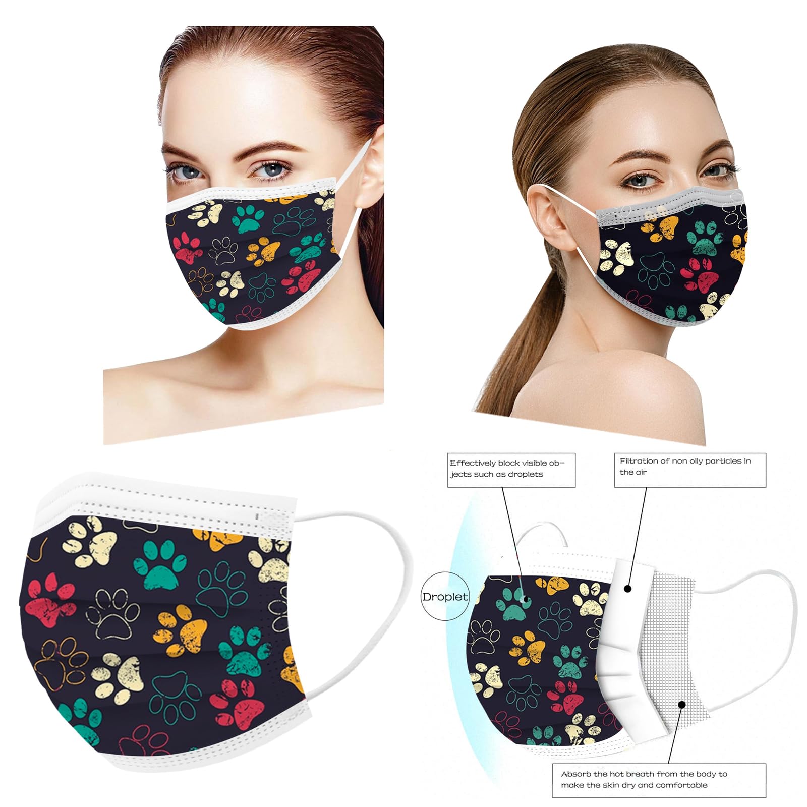 50PCS Paw Print Disposable Face Mask, 3 Ply Cute Pattern Face Masks for Adults Women Full Face Protection (#01)