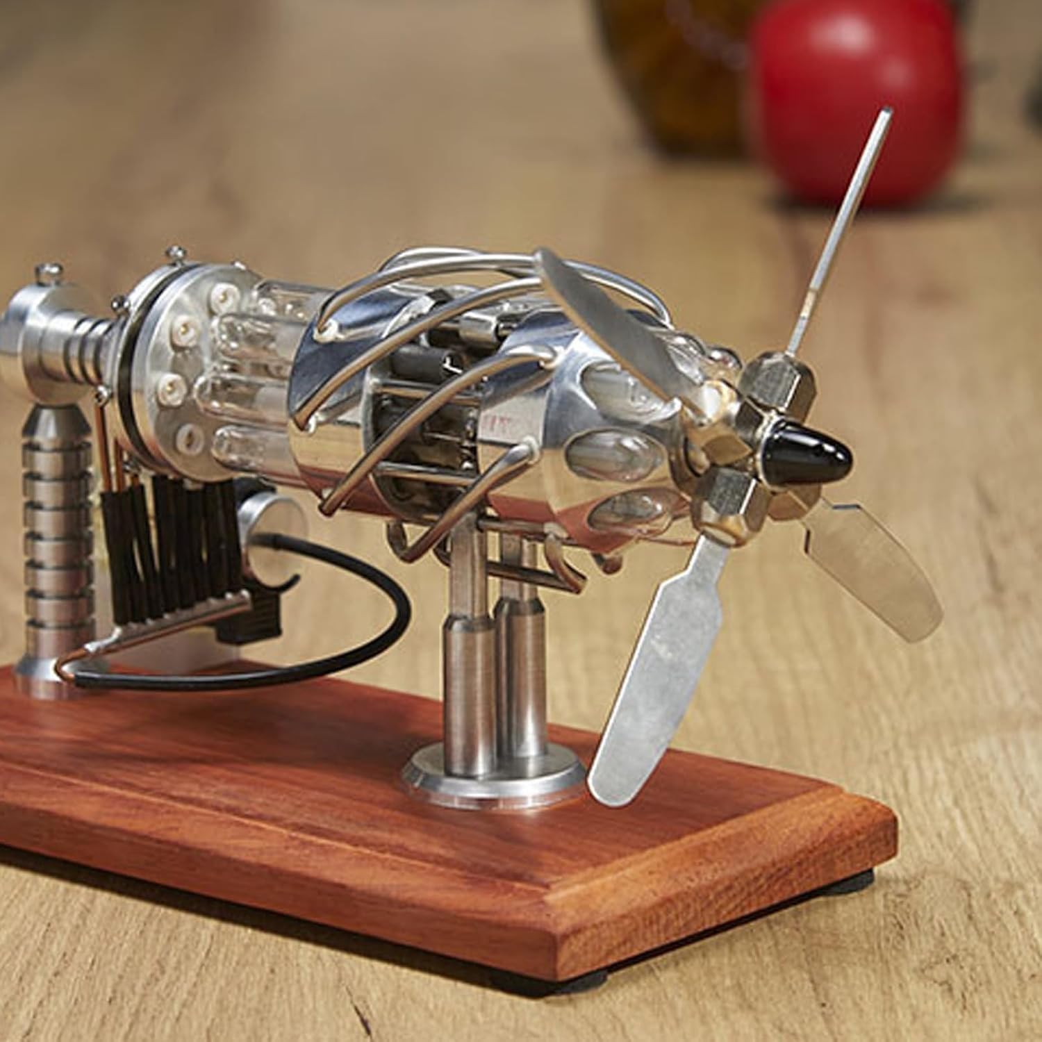 Modelo de motor aeronáutico: placa oscilante de 16 cilindros, motor de aire caliente con hélice giratoria de 4 palas, cilindro calentado y base de madera maciza para experimentos científicos