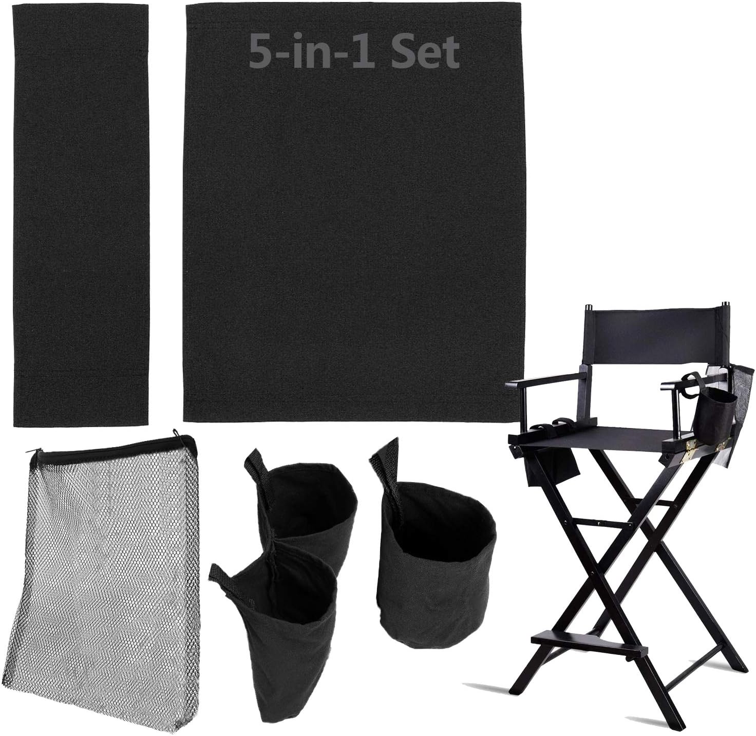 STAY GENT 5 in 1 Accessories Set for Makeup Artist Chair - Black Replacement Cover Canvas, 2 Portable Side Storage Bags and Hanging Mesh Bag