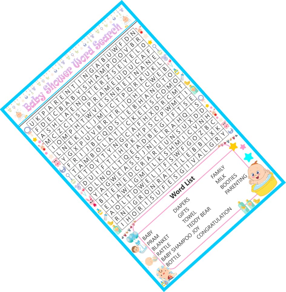 Welcome Little One Theme Baby Shower Word Search Game 60 Cards with Solution Sheet Kitty Party Time Based Puzzle Activity Game