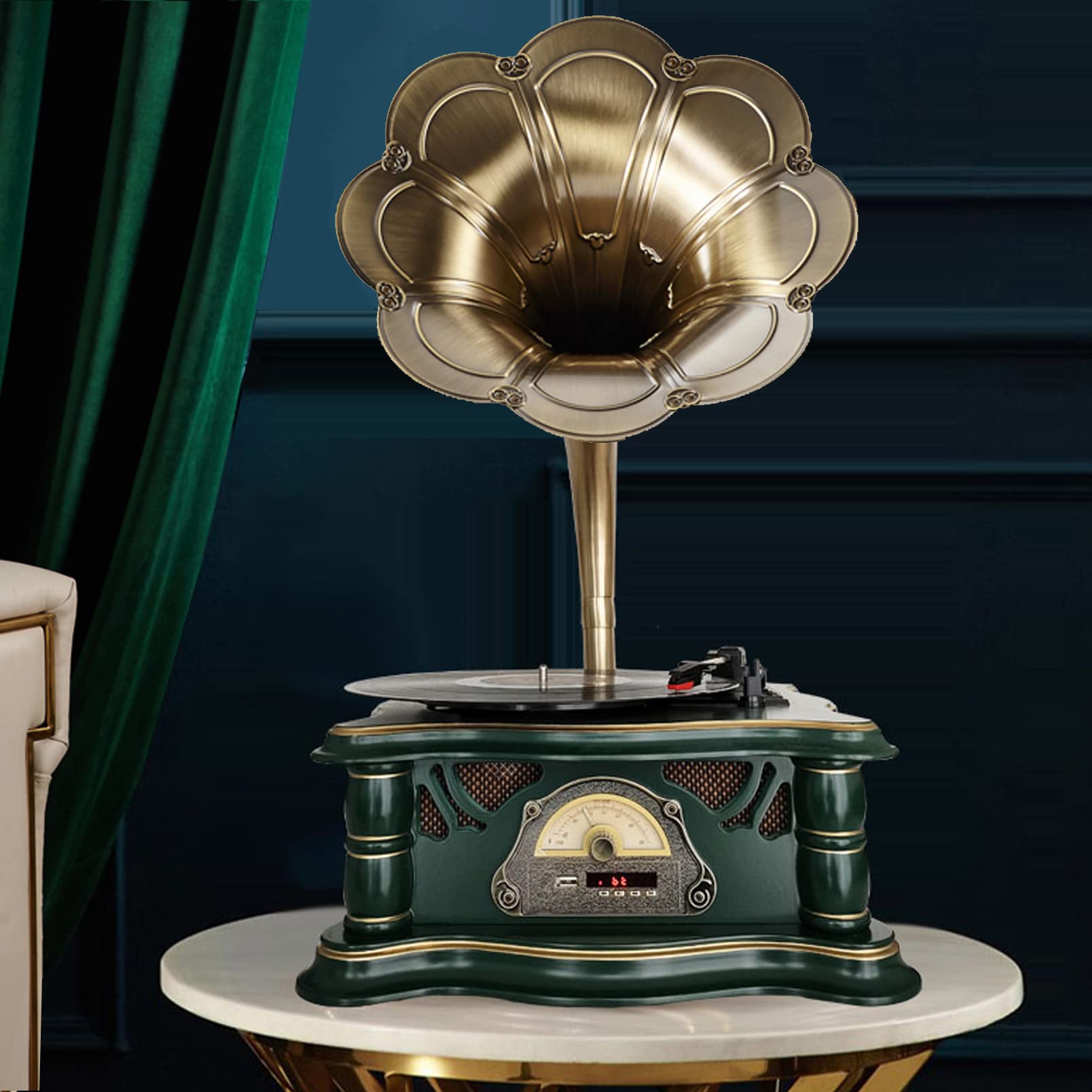 Phonograph Vinyl Record Player with Built-in Speakers, Vintage Bluetooth Audio Turntable 3 Speed Record Player with FM Stereo Radio and USB Play for Home Decor and Music Entertainment (Green)