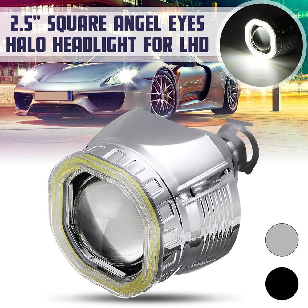 AIVYNA Faro Quadrato da 2,5 Pollici H4 H7 LED Angel Eyes Halo Headlight Day Running Lights DRL HID Xenon Projector Lens Kit,Nero