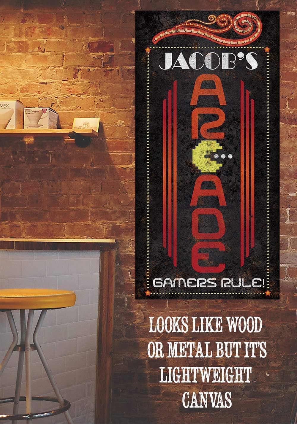 Personalized Arcade Sign - Vintage Game Room and Man Cave Decor, Customized Print with Name, Gamer Room and Teens Room Display Gift, Rustic Metal Style Stretched Vertical Canvas Print
