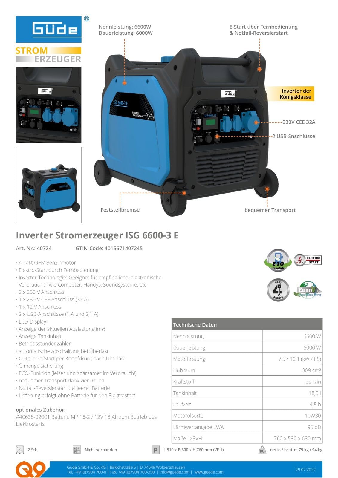 Güde Inverter Stromerzeuger ISG 6600-3 E Notstromaggregat 230 V Aggregat Generator
