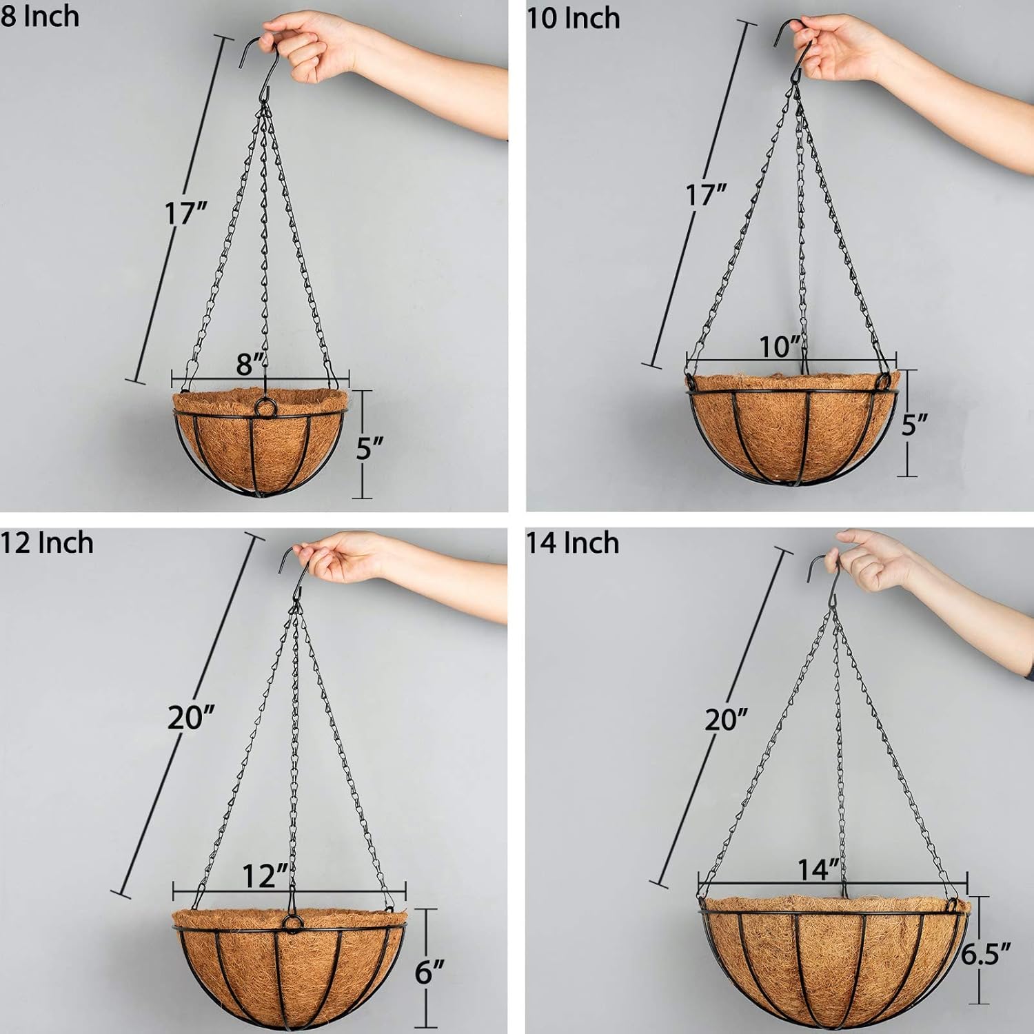 Kingbuy 8 Inch Iron Hanging Planter Basket with Coconut Liner Wire Plant Holder Flower Pot Hanger Garden Decoration for Indoor Outdoor