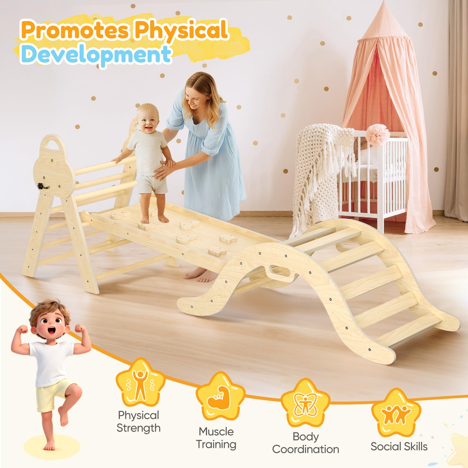 nmoiww Struttura da Arrampicata per Bambini 7 in 1, Scala da Arrampicata in Legno per Bambini con Cuscino Accogliente, Palestra da Gioco Montessori per Interni (Legno-7 in1)