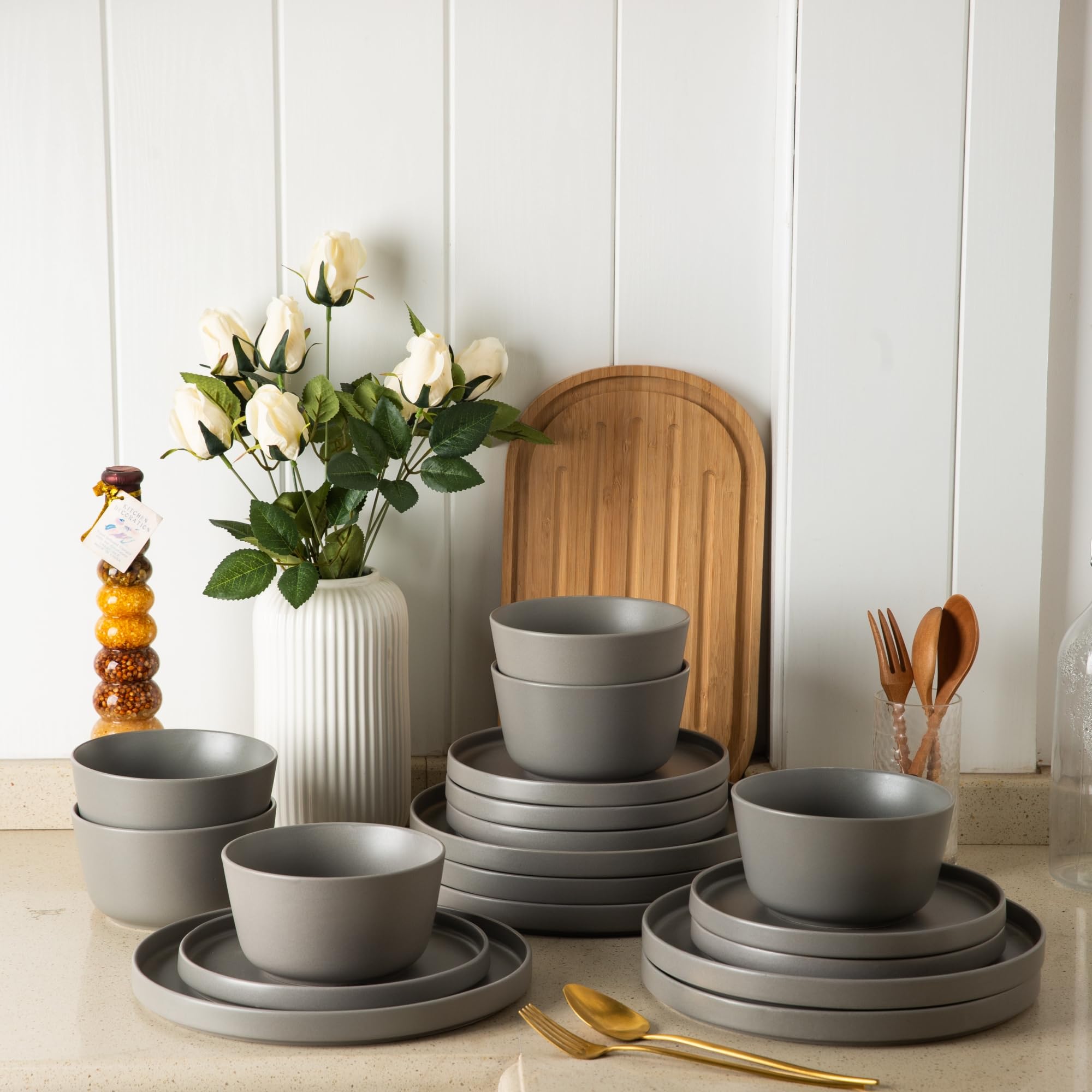 AmorArc Ceramic Dinnerware Sets of 6, Modern Flat Stoneware Plates and Bowls Sets,Chip and Crack Resistant | Dishwasher & Microwave Safe Dishes Set,Scratch Resistant- Service for 6 (18pc)-Matte Gray