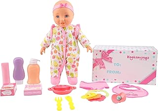 KOOKAMUNGA KIDS 14” Baby Doll & Feeding Set (12 Pieces) - Realistic Baby Doll - Baby Dolls for 2 Year Old Girls & Boys and Up - Comes w/ Soft Baby Doll & 12 pc Feeding Set