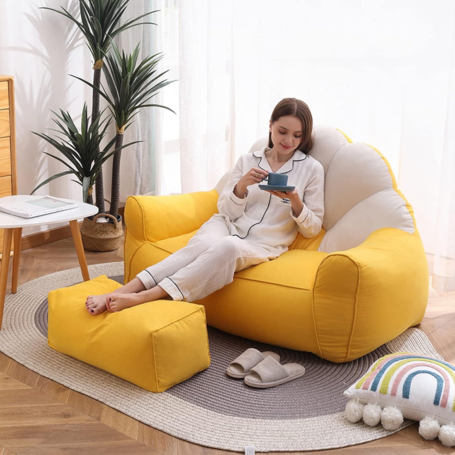 HWOEK Lazy Sofa Bean Bag Chair w/Footstool Lounger Seat - No Filler, Soft Beanbag Cover, Stuffed Animal Storage or Memory Foam Lounger Seat, Beige Yellow Stitching