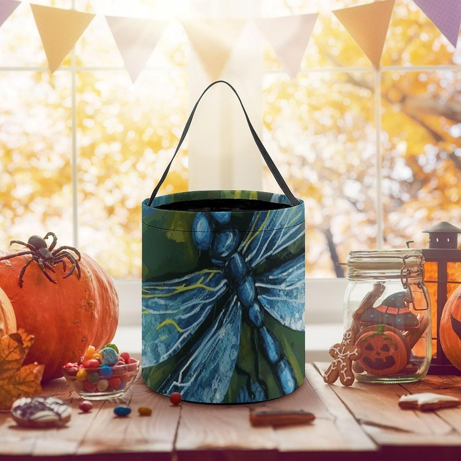 Hand Painted Blue Dragonfly Candy Basket Hand-held Portable Candy Basket Collapsible Reusable Candys Bags Trick Or Treat Bags Party Festival Gift Bucket image 5