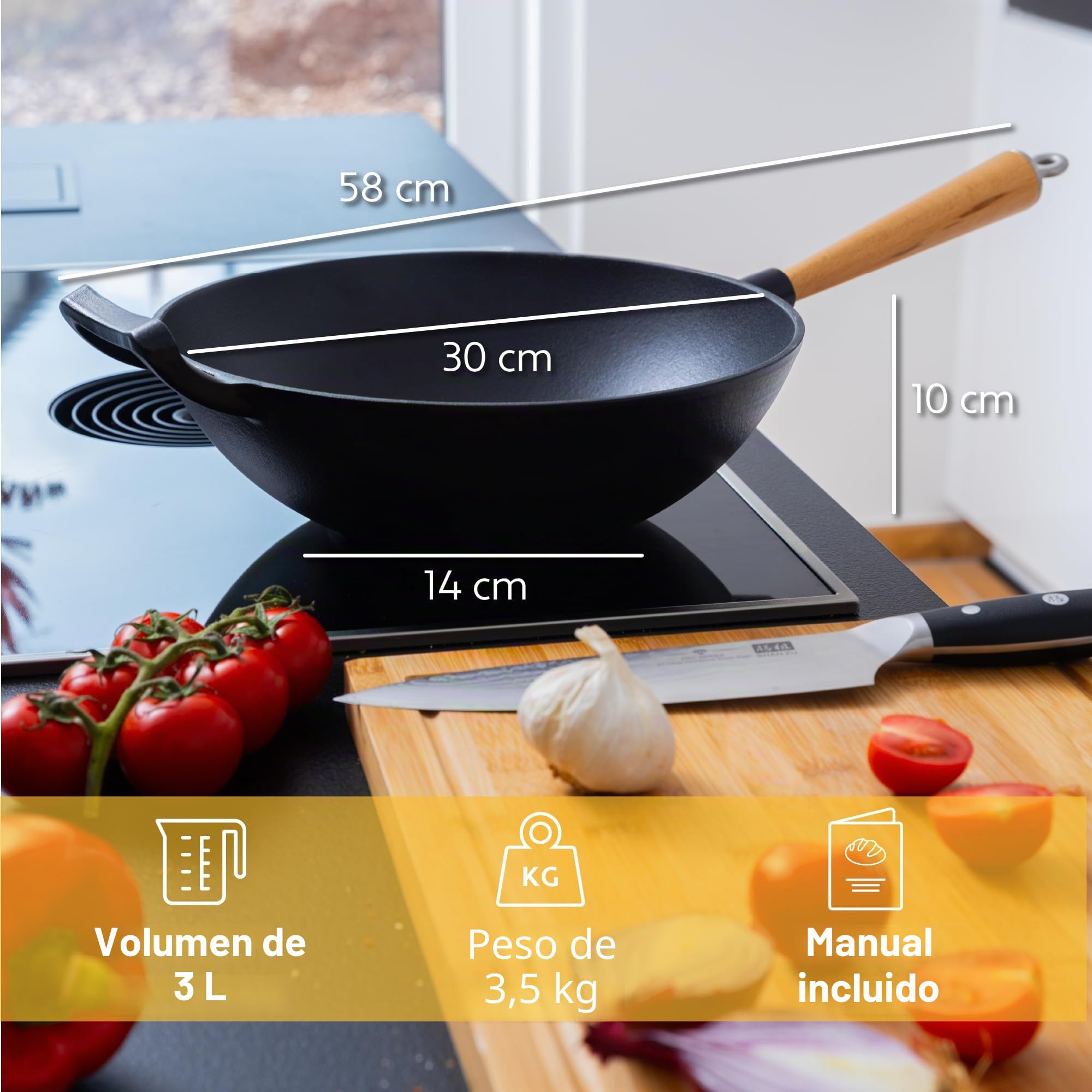 Wok de hierro fundido con revestimiento esmaltado, sartén antiadherente con mango de madera desmontable, utensilios de cocina, sartén de hierro fundido, wok antiadherente, 28 cm de diámetro