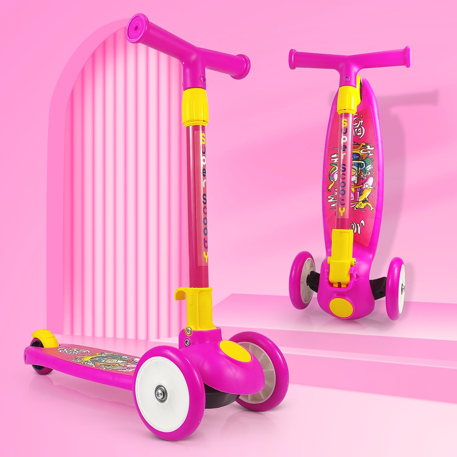 NHR Smart Kick Scooter for Kids, 4 Adjustable Height Scooter, Foldable & Attractive PU Wheels with Rare Brakes for Kids Age Upto 2+ Years (20 kg, Pink)