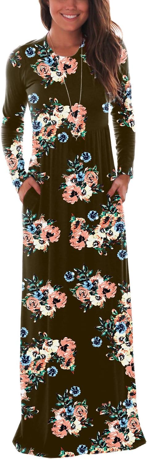 Women's Casual Loose Pocket Floral Print Maxi Party Long Dresses with Sleeve Plus Size Coffee