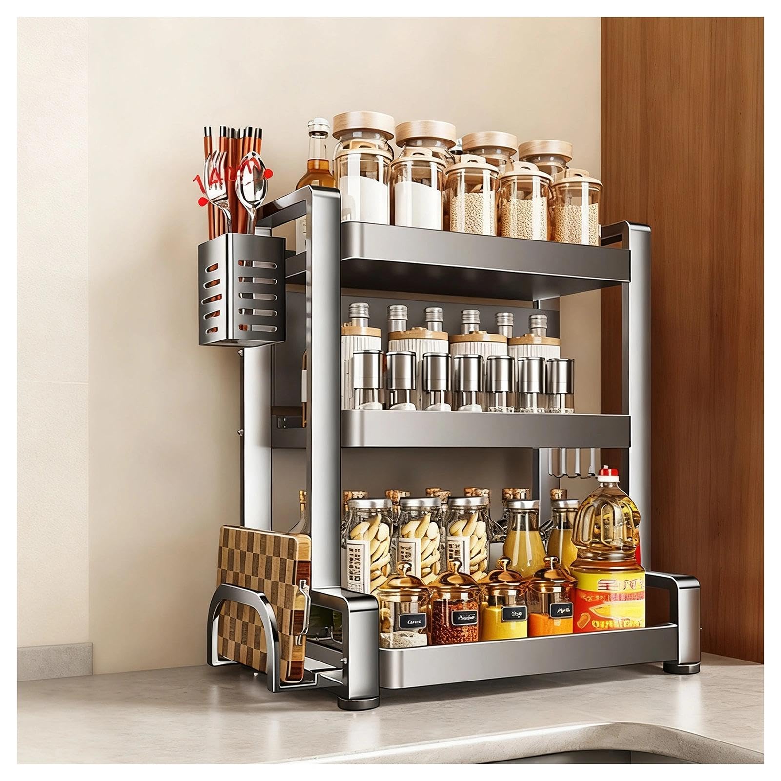 HADECOLL Stainless Steel Spice Rack, Freestanding With Knife Holder And Hooks, Multifunctional Storage For Kitchen, Pantry, Bathroom,3 Tier-11.8in