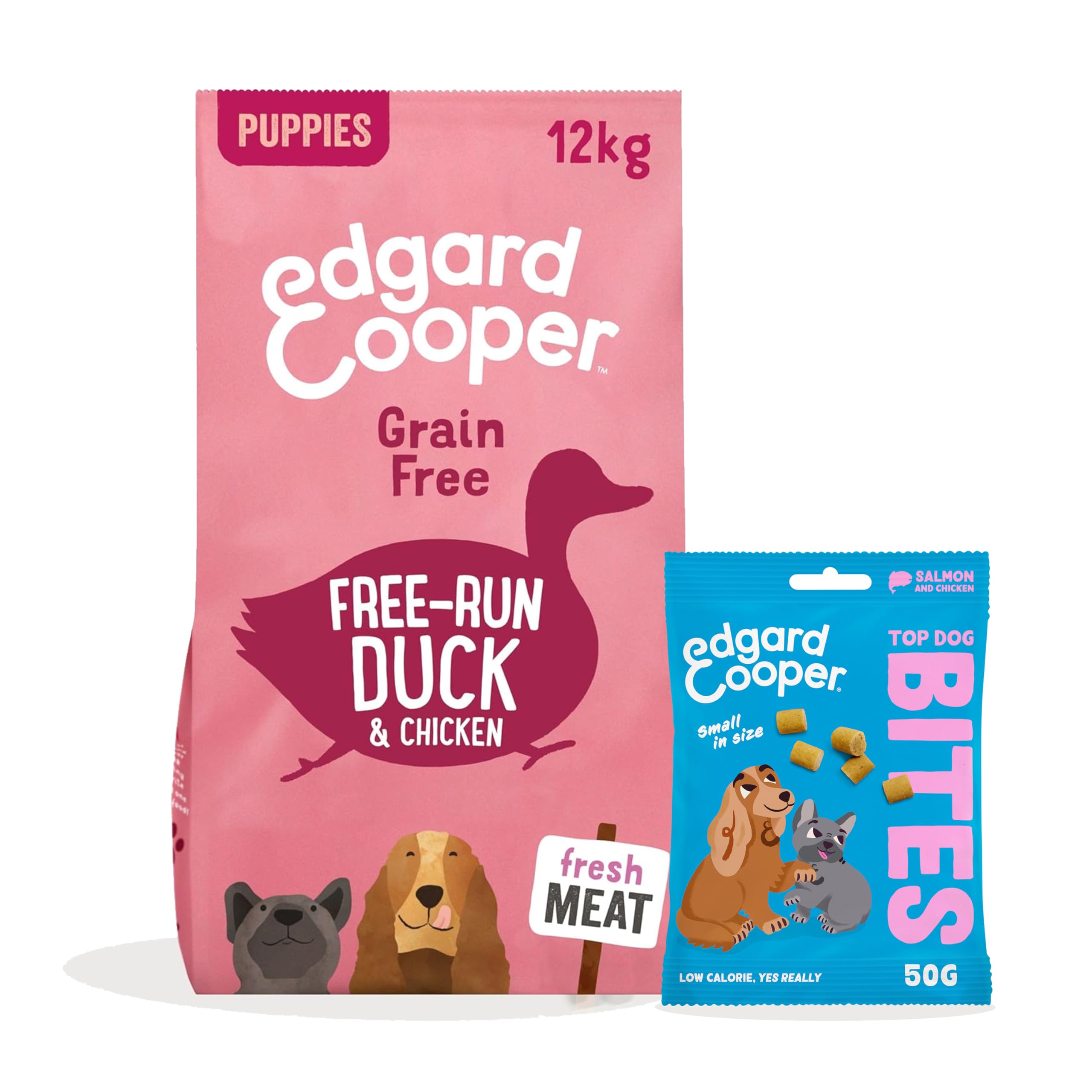 Edgard & Cooper Alimento Seco para Cachorros Pato y Pollo Sin Cereales 12 kg + Premios para Perros Salmón Bites 1x50g - Pack de Croquetas y Premios