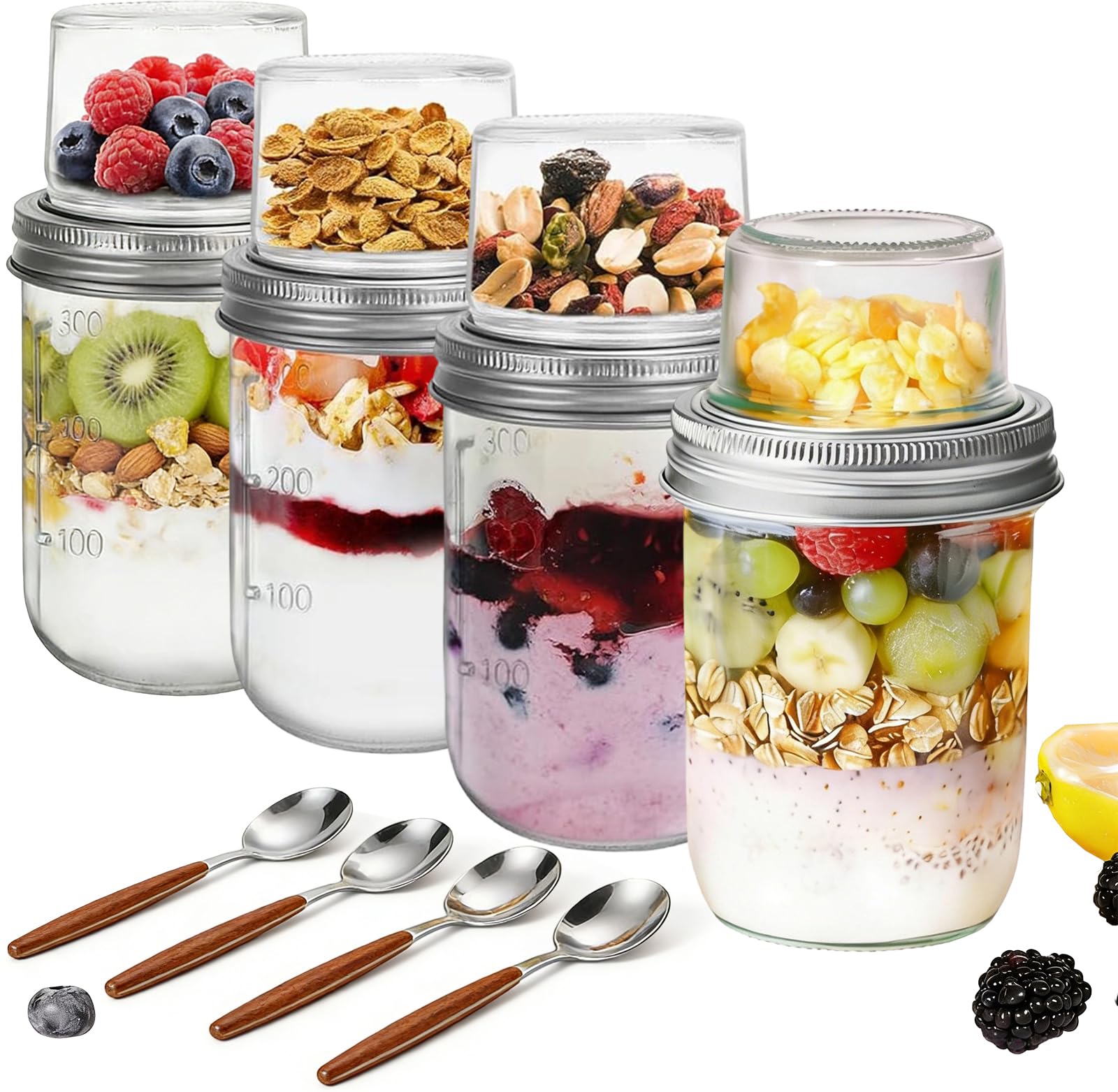 Overnight Oats Jar with Lids 500ml + 100ml, 4 Pack Glass Overnight Oats Container, Dual-Layer Yoghurt Pots with Spoon for Dry-Wet Separation, Breakfast Pots for Cereal Fruit Yoghurt Salad & Meal Prep