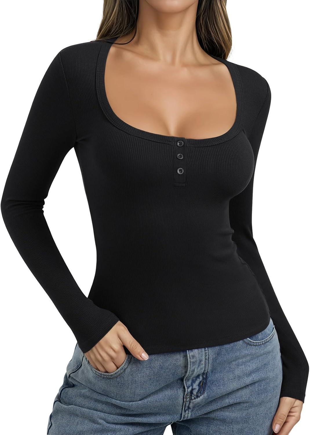 PINKMSTYLE Ribbed Square Neck Long Sleeve Top for Women Cute Y2K Fall Tops Trendy Going Out Tops