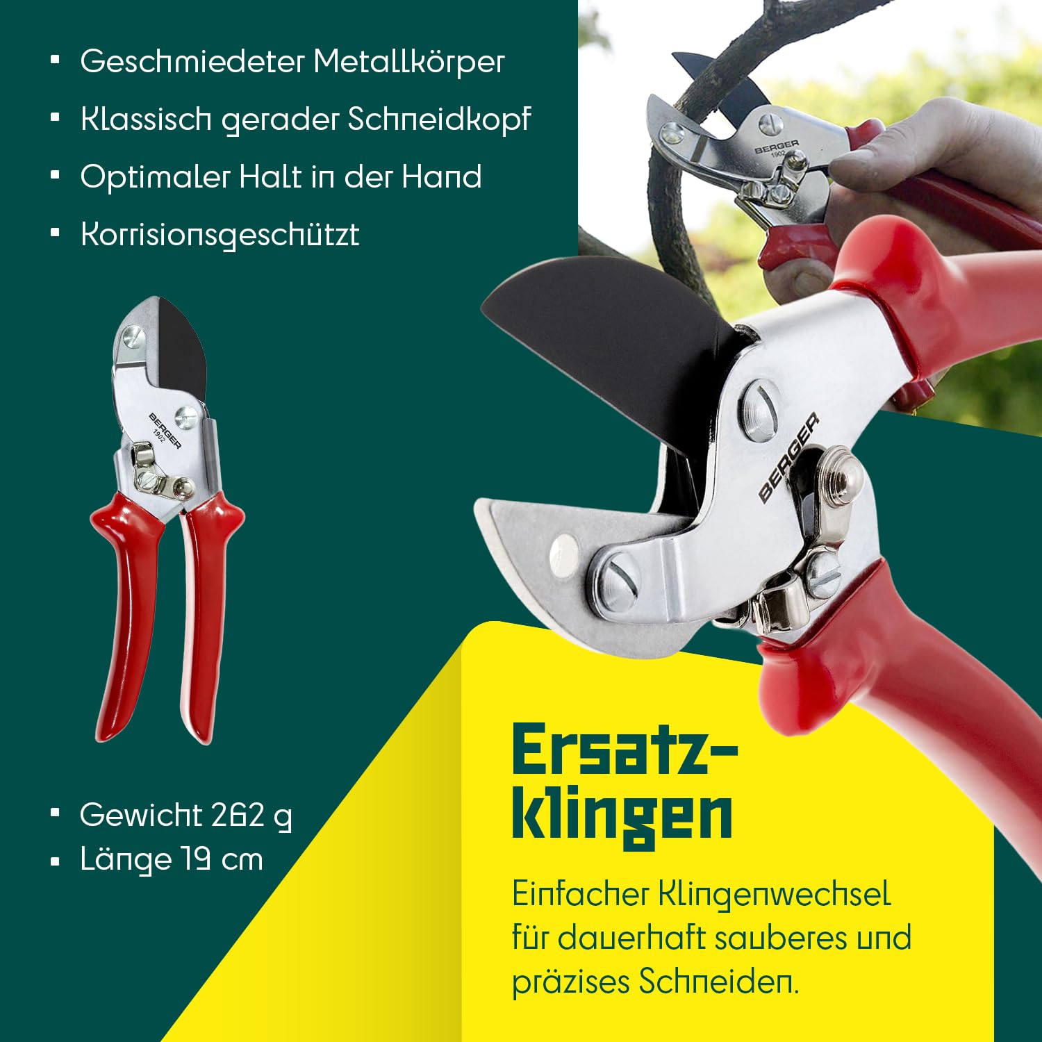 BERGER Amboss-Handschere 1902 | Amboss Gartenschere mit geradem Schneidkopf & antihaftbeschichteter Klinge | Profi Ambossschere aus Metall mit Einhandverschluss | Für Tot-& Hartholz | Made in Germany