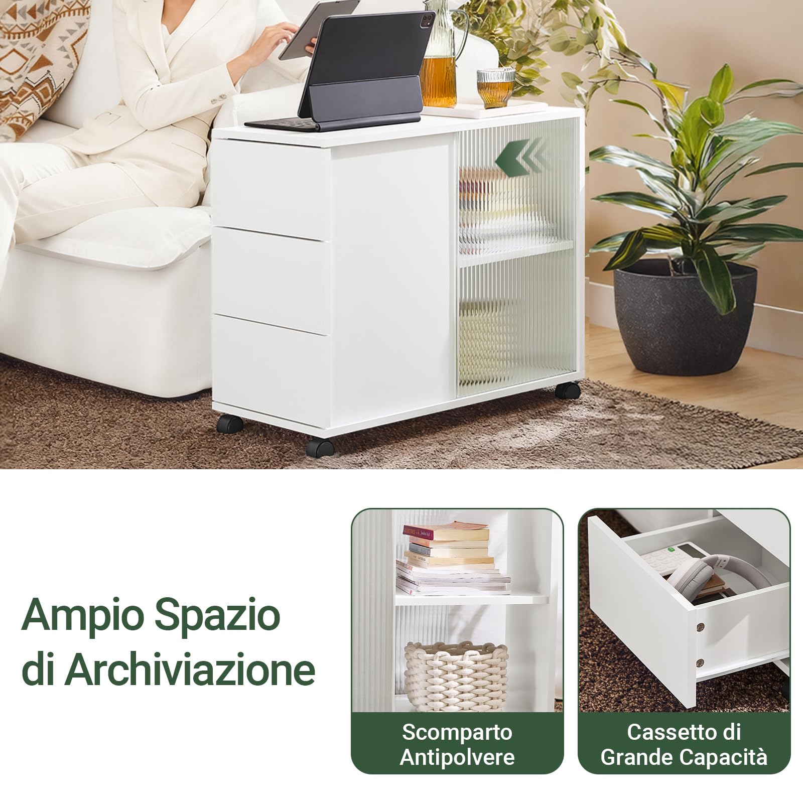 SoBuy Mobiletto con Rotelle, Comodino con 3 Cassetti e 2 Ante a Vetro, Tavolino Moderno Multifunzione per Soggiorno, Camera da Letto, Bianco 70x35x61 cm FBT141-W
