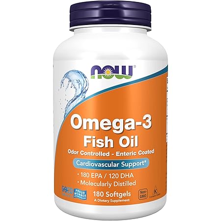 NOW Supplements, Omega-3 180 EPA / 120 DHA, Enteric Coated, Cardiovascular Support*, 180 Softgels