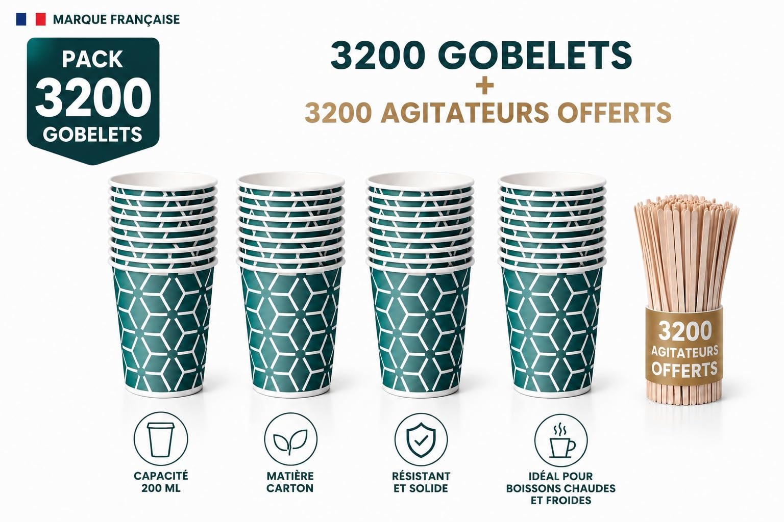 Caramont 7 oz 3200 hochwertige Pappbecher mit Holzrührstäbchen, umweltfreundlich und Einweg, hitzebeständig für kalte und heiße Getränke, ideal für Kaffee, Tee und Geburtstagsfeiern