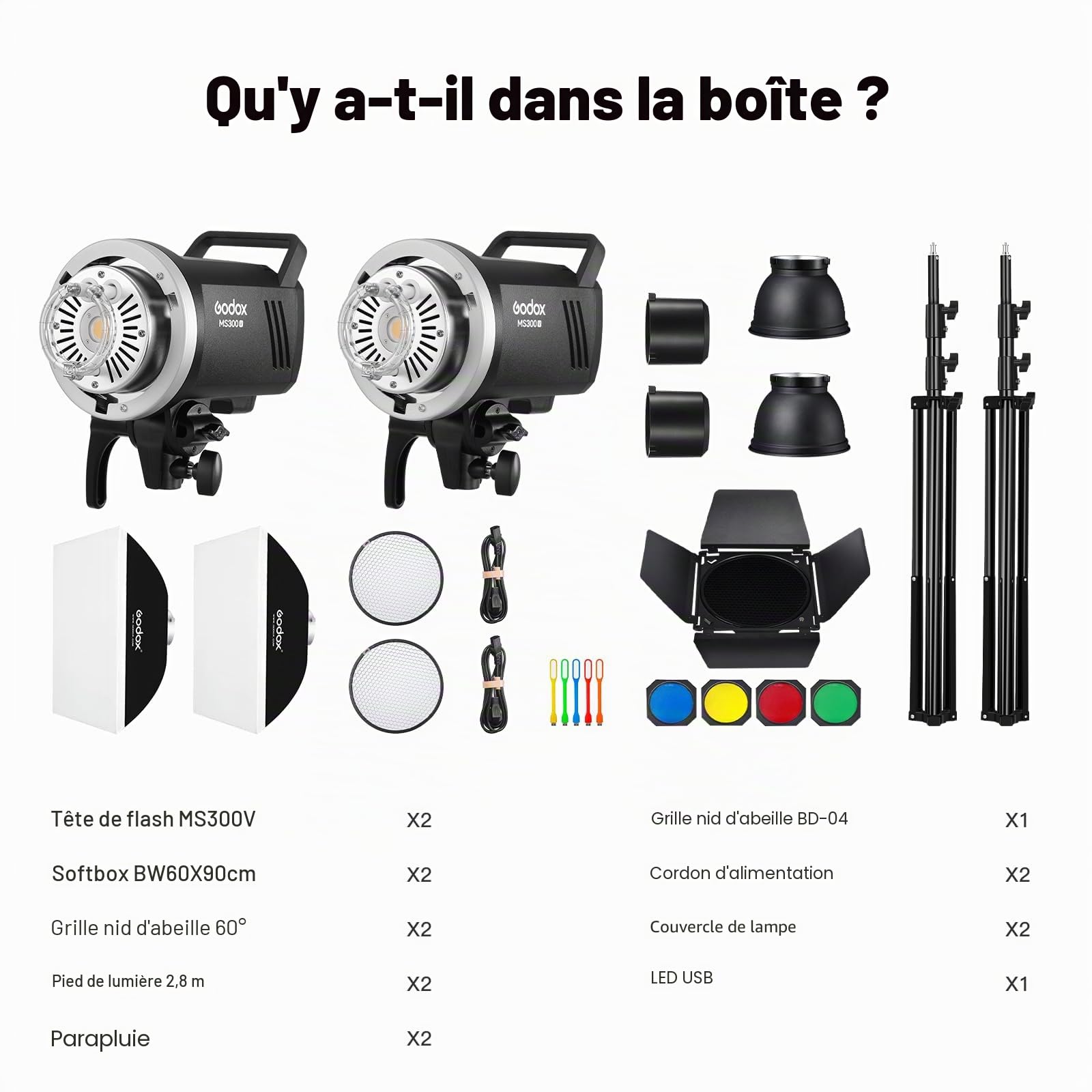 Lot de 2 kits flash GODOX MS300V pour enregistrements en studio, vidéo et portrait, avec trépied à lumière Softbox