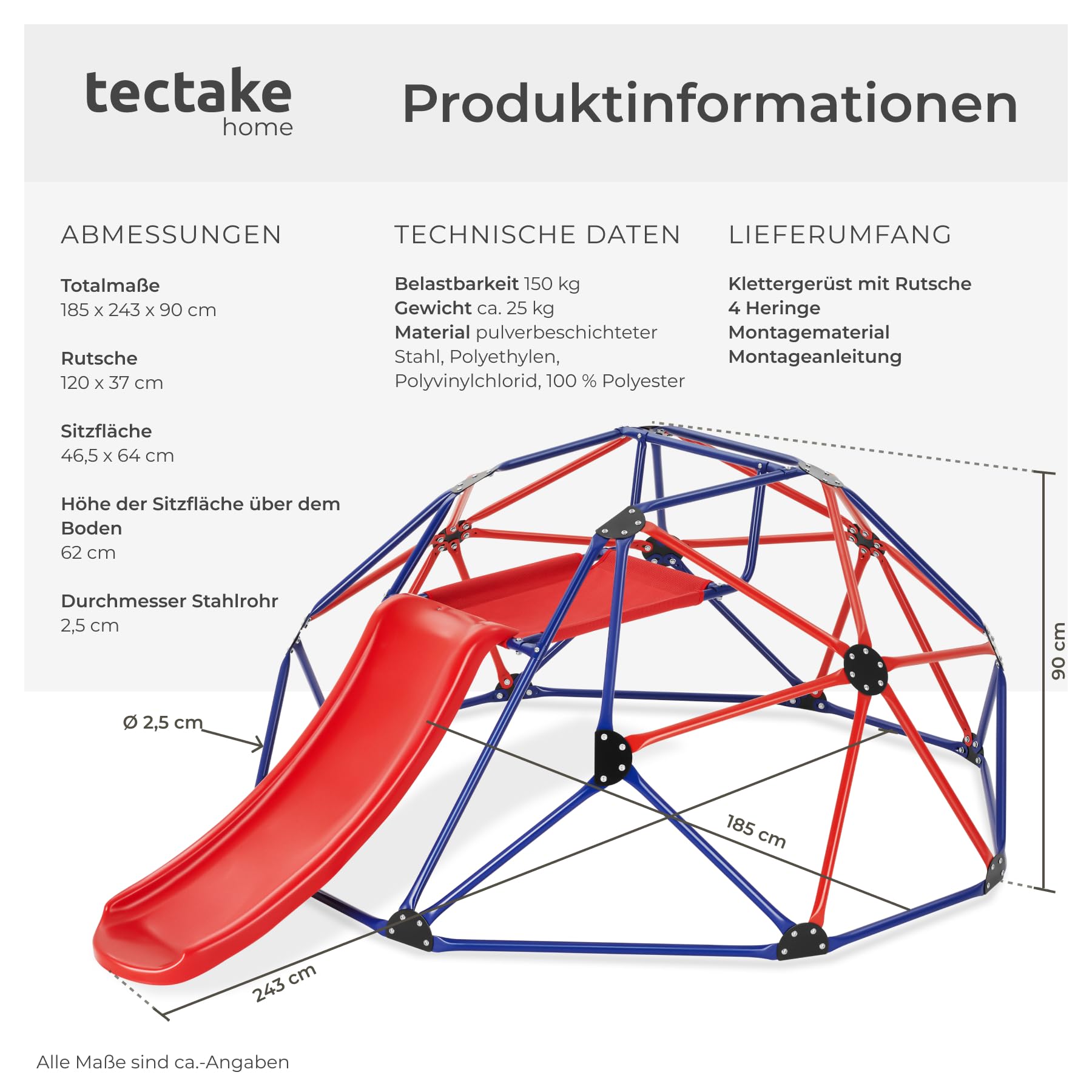 tectake® Klettergerüst, 185 x 243 x 90 cm, wetterfest, ab 3 Jahren, Sitzfläche aus Meshgewebe, inklusive 4 Heringe, Kletterturm, Spielturm, Gartenspielplatz, Kletteranlage - mit Rutsche, blau/rot