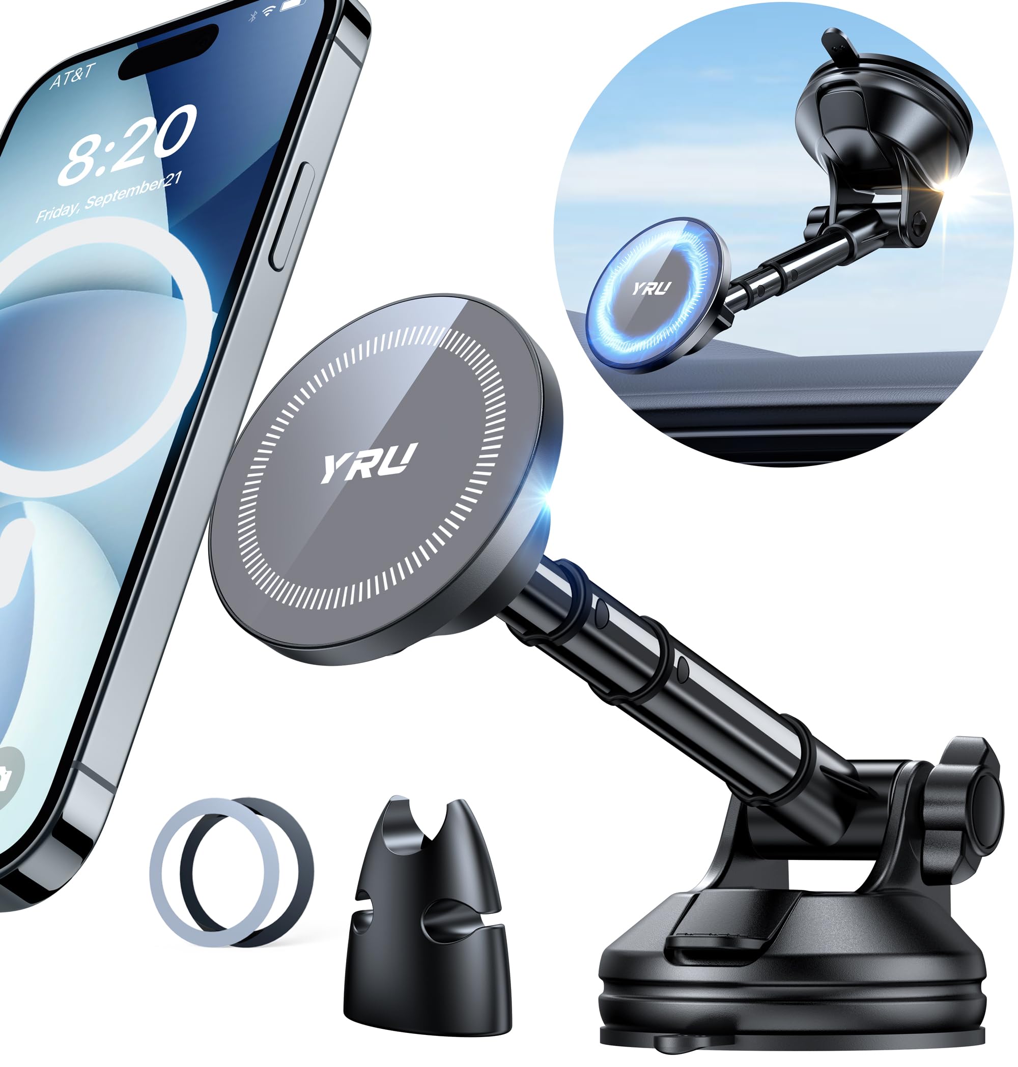 YRU [2024 Upgraded] Magnetic Phone Holder for Car【Patented & Super Magnet】 for MagSafe Car Mount Dashboard Mag Safe Phone Holder Windshield Phone Stand for iPhone 15 14 13 12 Pro Max, Deep Grey