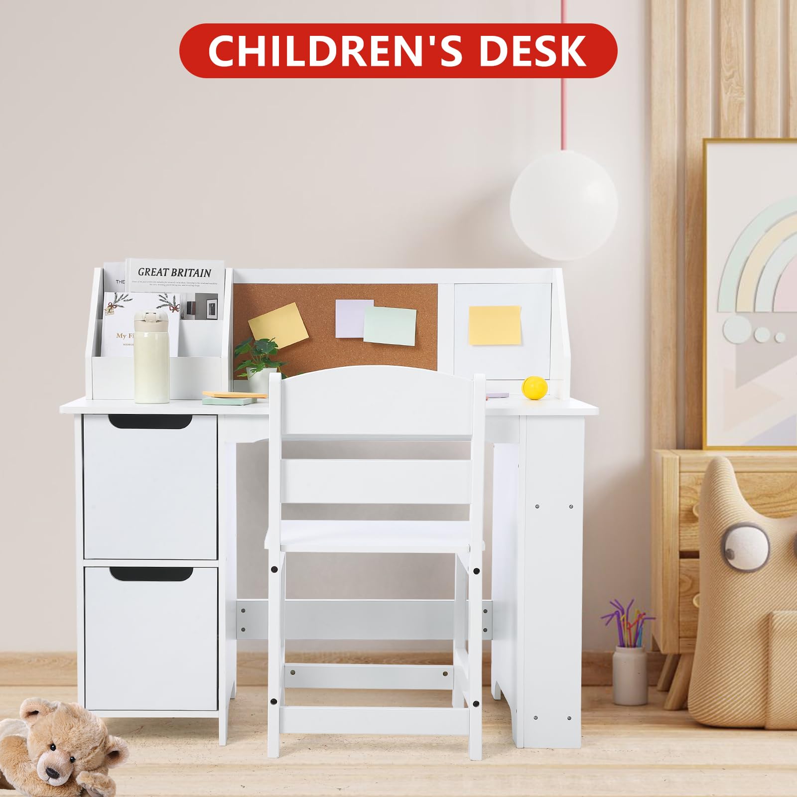 Bureau Enfant Chaise MDF Rangement 94cm,Table d'étude, Blanc