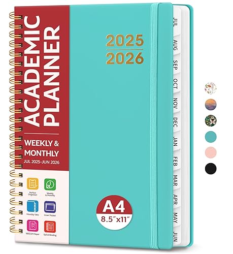 Academic Planner 2025-2026 For Women & Men, Monthly and Weekly Calendar Planner, Jul 2025 - Jun 2026, A4 (8.5" x 11"), Teacher Student Planning Book with Tabs, Ideal for Office School Supplies - Aquamarine